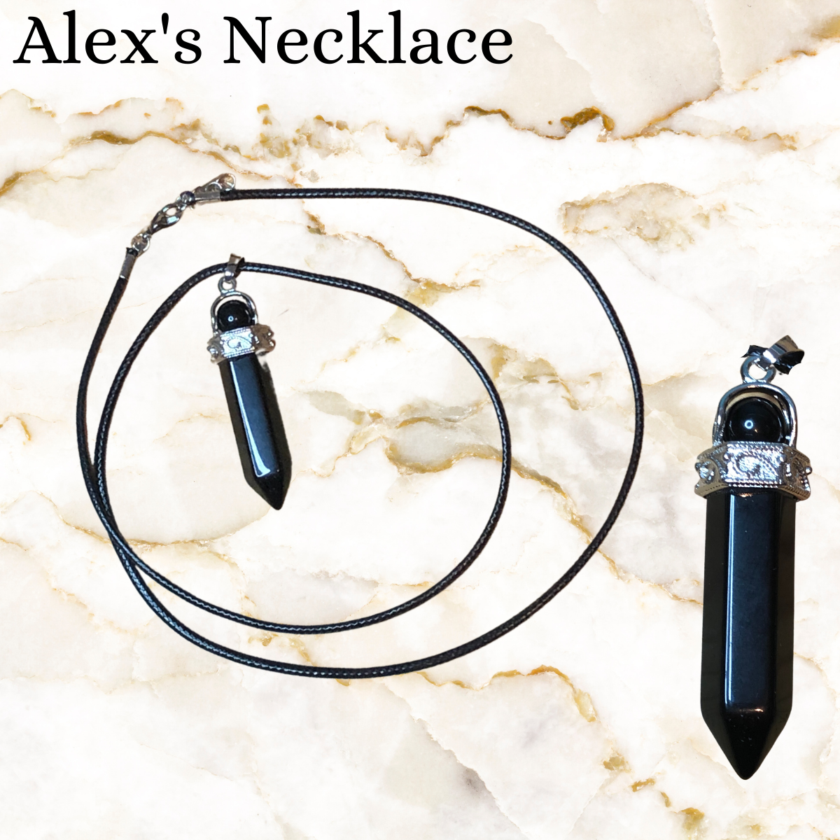 Black stone necklace on a black faux leather chain - with black stone sphere on top