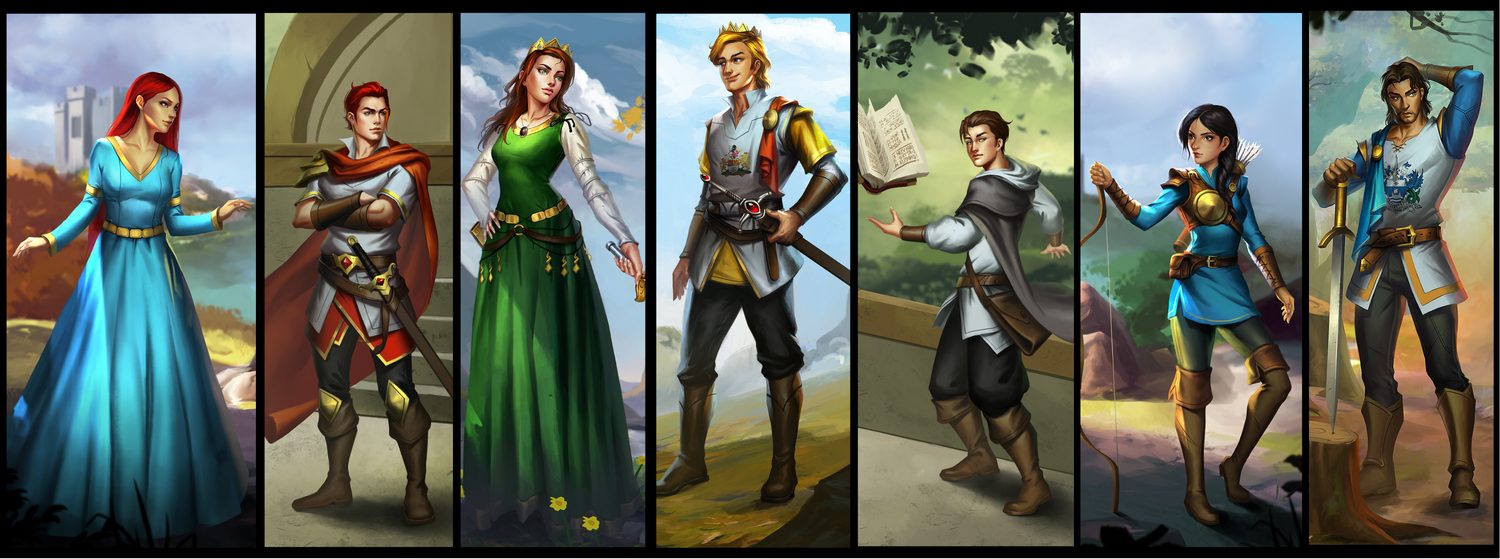 Title image of 7 characters from the series The Head, the Heart and the Heir - red haired woman in blue dress, red haired surly knight, green dress princess, blond prince, brown haired sorcerer with book, blue tuniced maiden, blue tuniced man