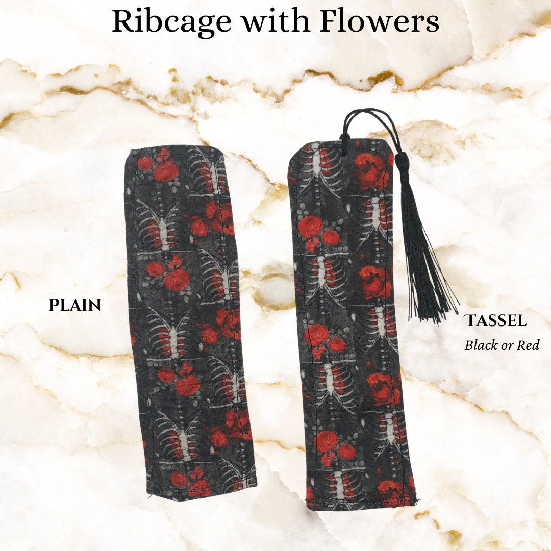 black fabric with red flowers and ribcage bones, - 1 plain and 1 with red or black tassels