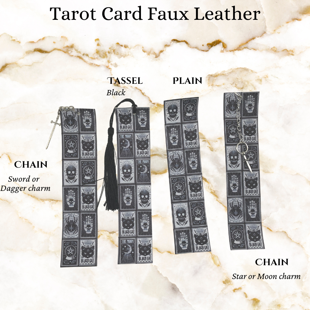 Tarot card faux leather book mark - 1 plain and 1 with a black tassel - 1 with chain of star or moon - 1 with chain of sword or dagger