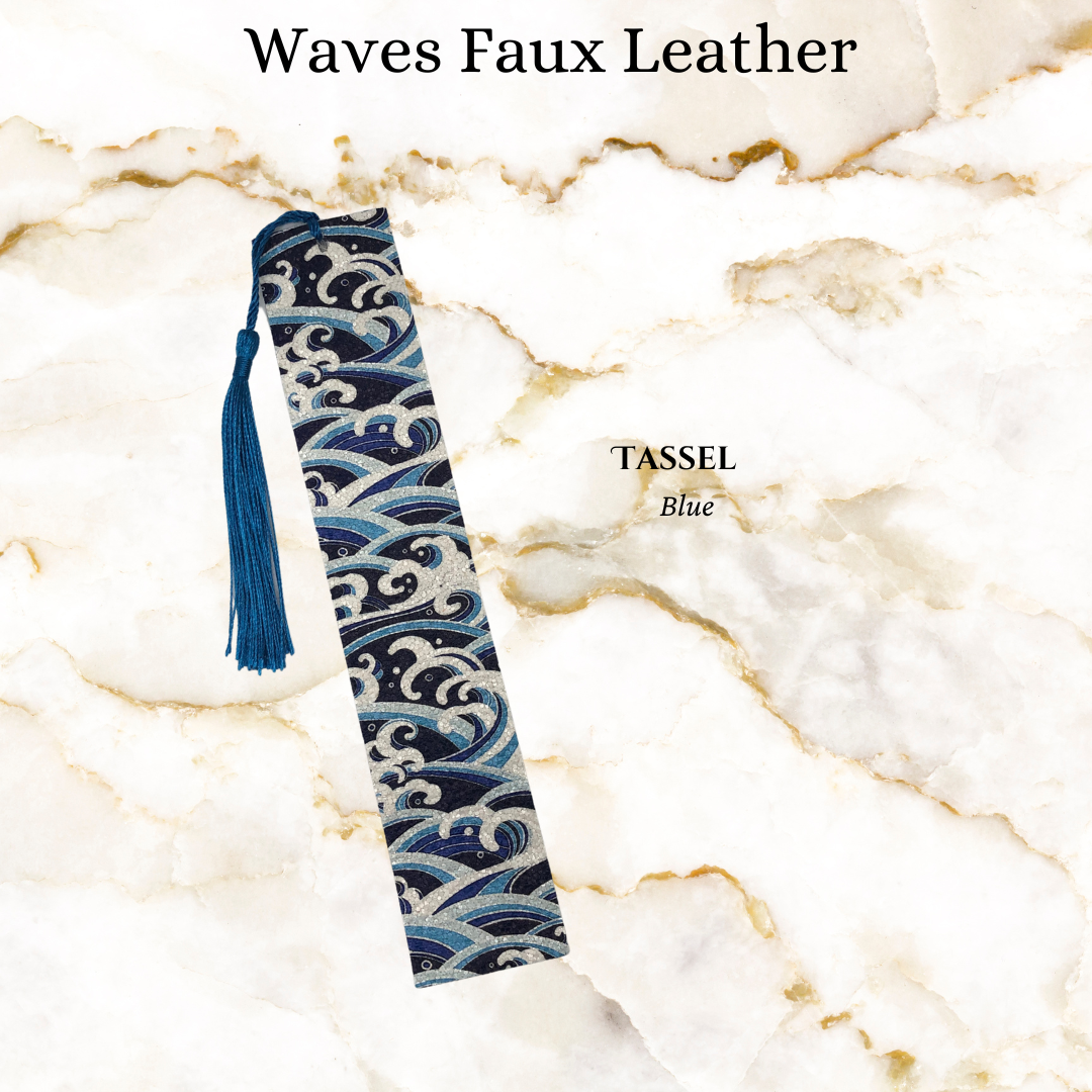 Blue waves longer faux leather book mark - 1 with a blue tassel -
