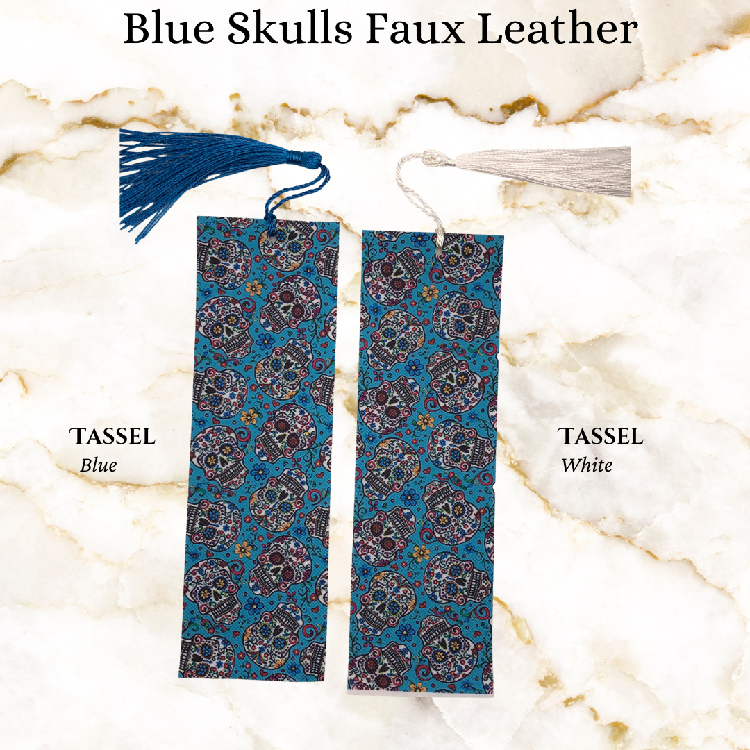 Blue background - day of the dead skulls faux leather bookmark - 1 blue tassel and 1 white tassel