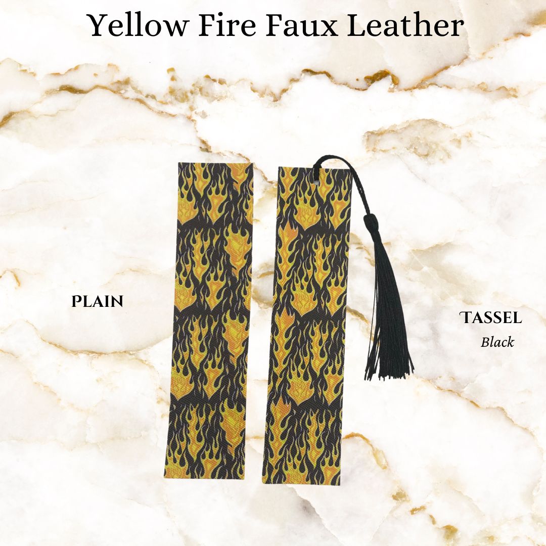 Yellow fire pattern faux leather book mark - 1 plain and 1 with a black tassel -