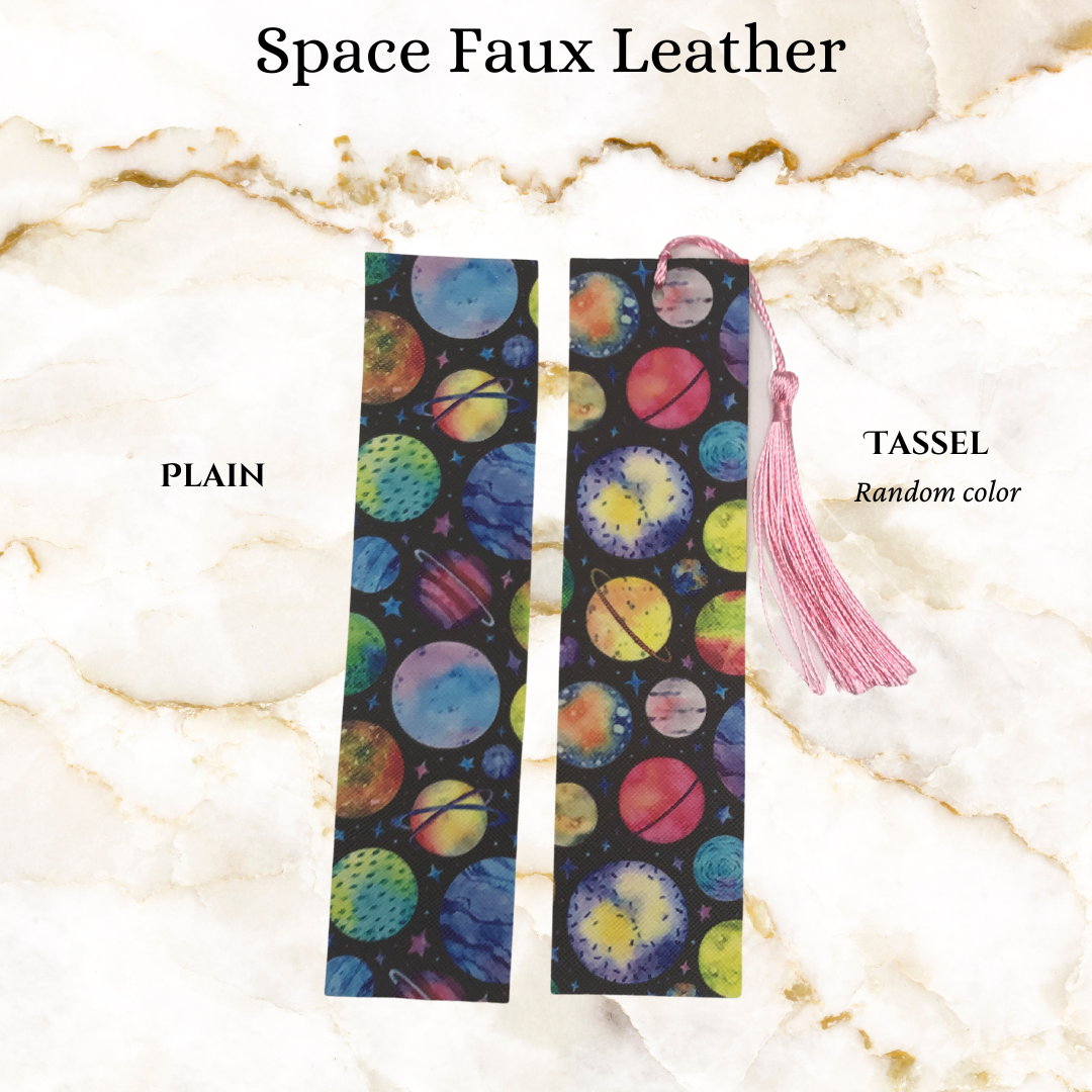 Space Pattern faux leather book mark - 1 plain and 1 with a pink tassel - note says tassel will be random colour