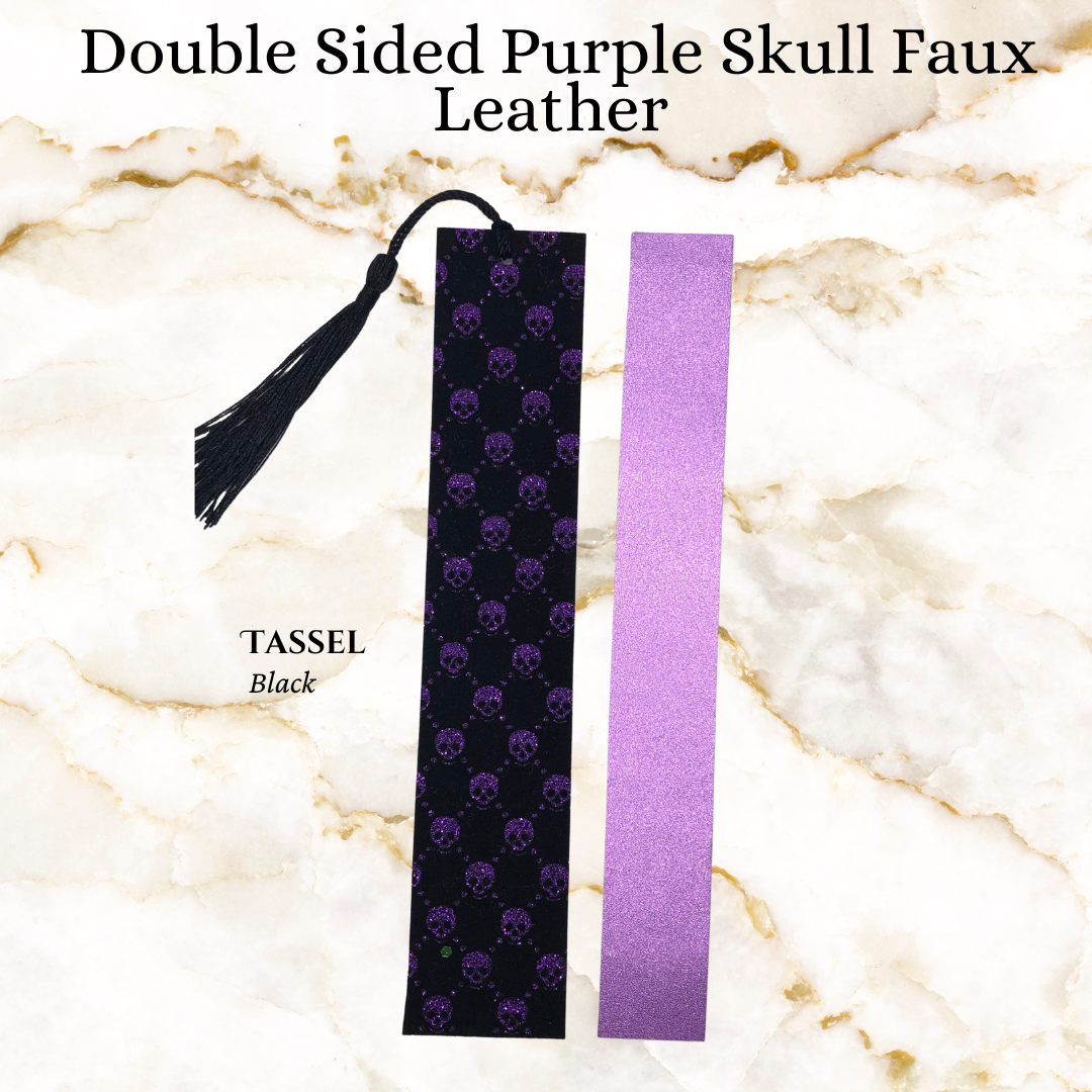 Double sided purple sparkle and black with purple skull faux leather bookmark - 1 black tassel 
