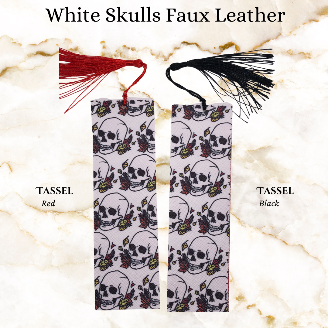 White skulls faux leather bookmark - 1 black tassel and 1 red tassel