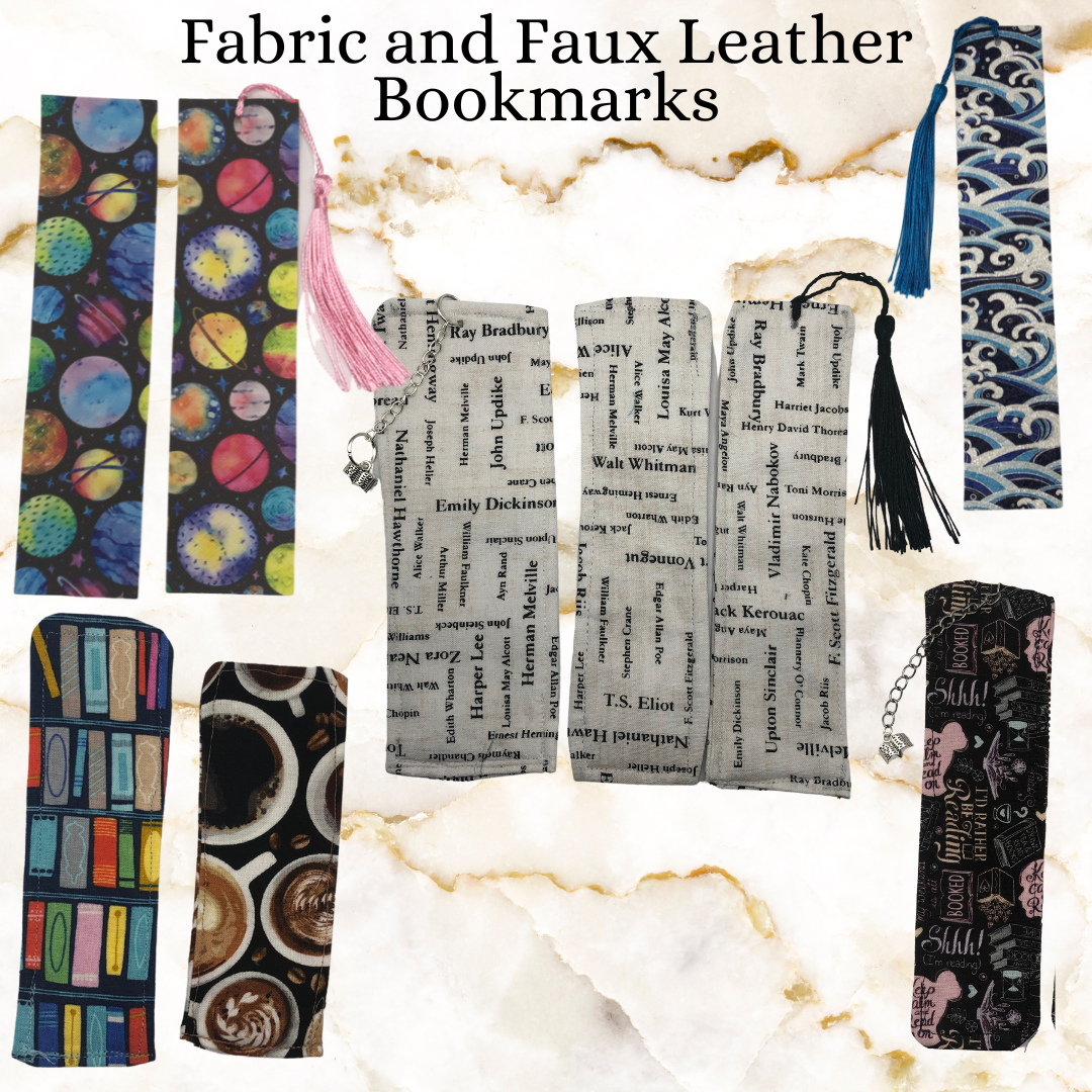 Cover page with examples of fabric and faux leather bookmarks