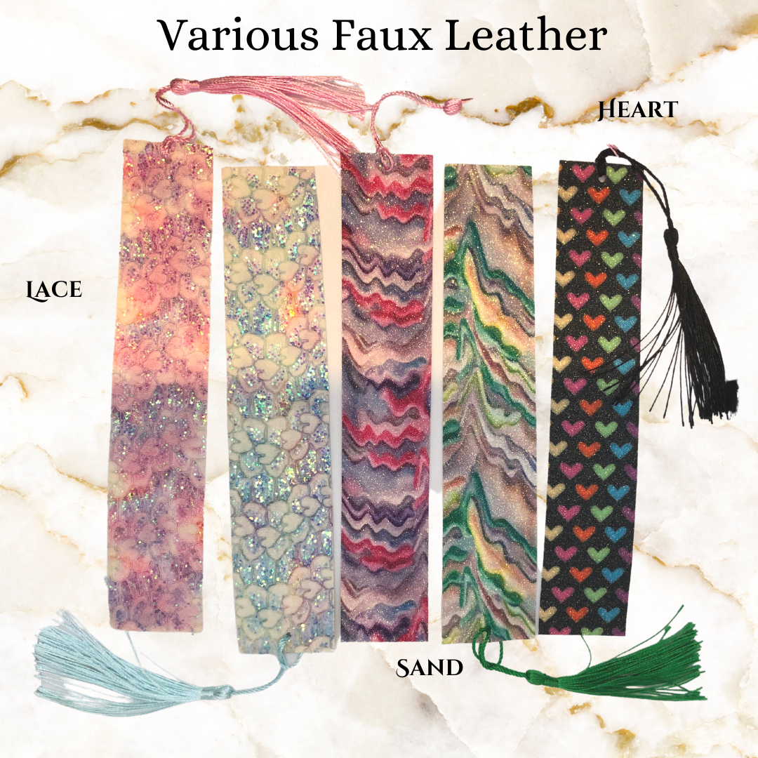 Various faux leather bookmarks - pink lace - b lue lace - purple sand pattern - green sand pattern - black with rainbow coloured hearts