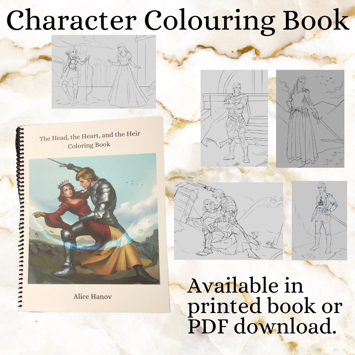 Image of character colouring book with sample pages and note it is availble in physical form and pdf