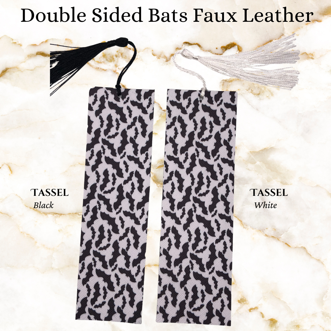 Double sided Black sparkles and bat pattern  faux leather bookmark - 1 black tassel and 1 white tassel