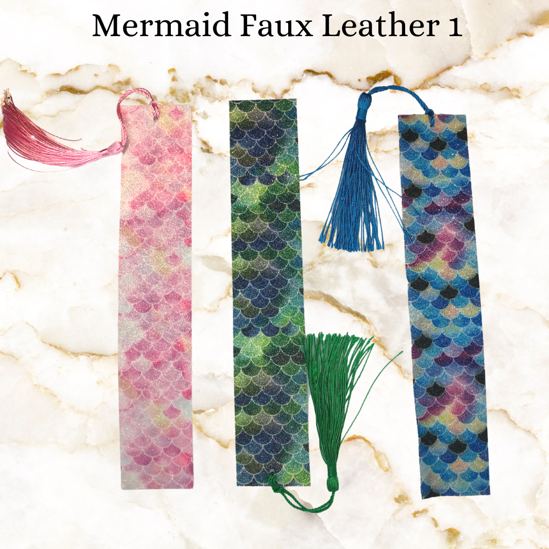 Mermaid faux leather bookmarks - pink scales with pink tassle, blue scales with blue tassel and green scales with green tassel