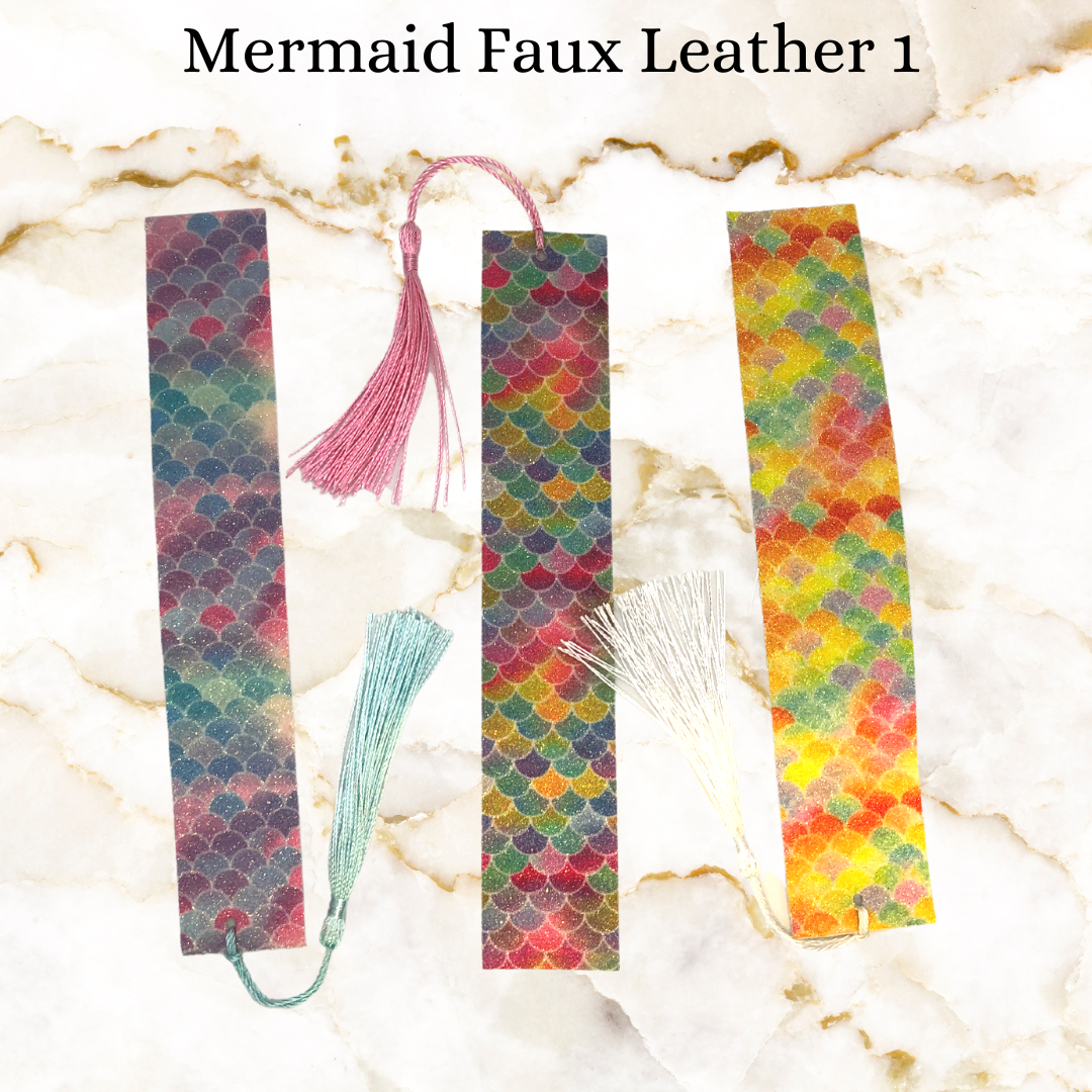 mermaid faux leather booksmarks - purple and blue scales with blue tassle, mixed colors with randon tassel, yellow mixed scales with white tassel