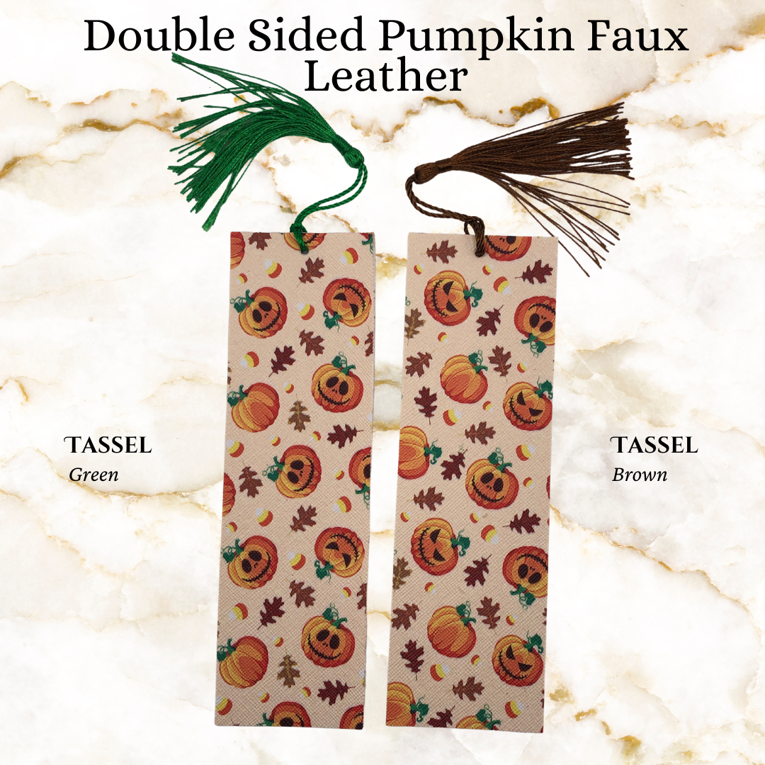 Double sided sparkle orange and 0range pumpkin pattern faux leather bookmark - 1 green tassel, 1 brown tassel