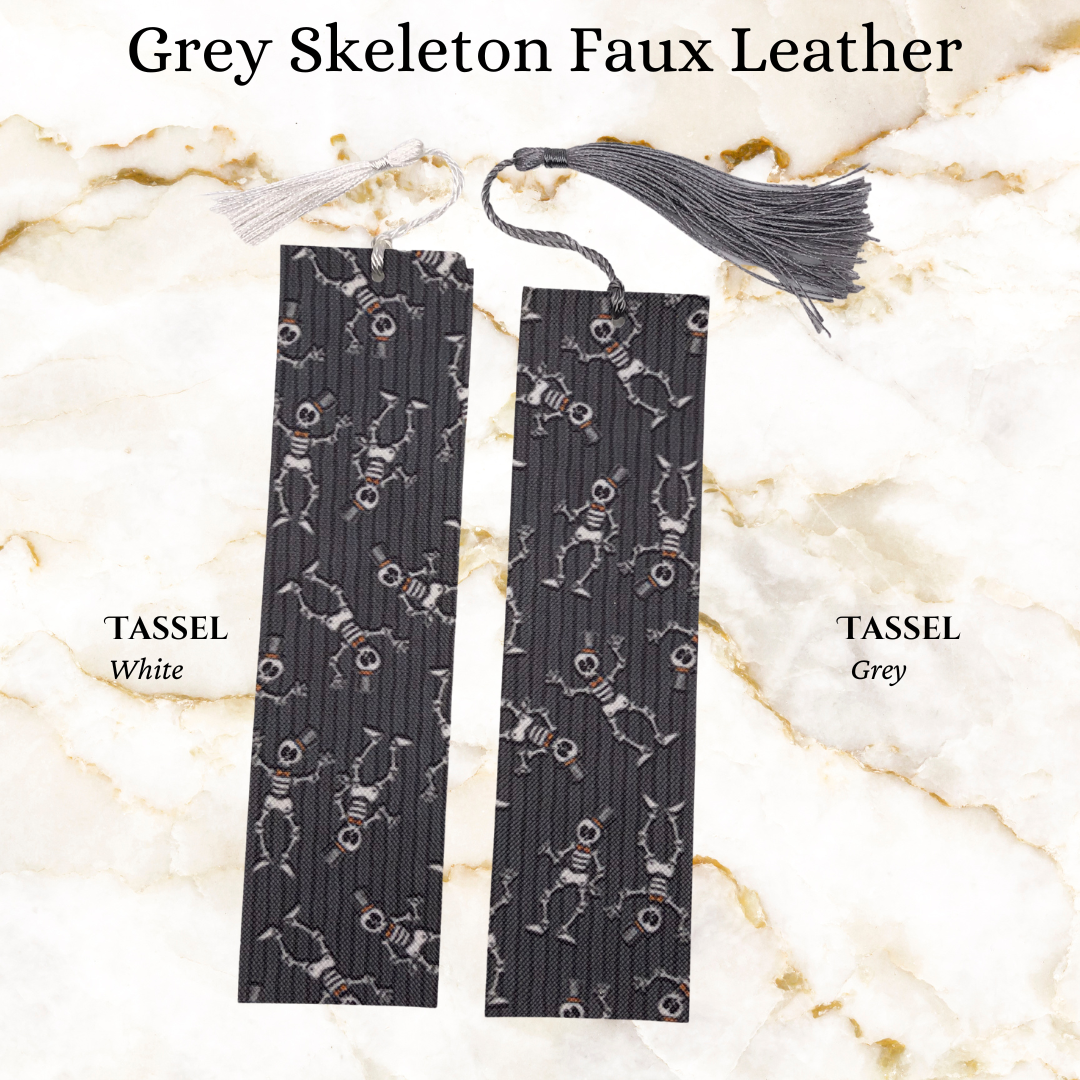 Grey skeleton faux leather bookmark - 1 grey tassel and 1 white tassel