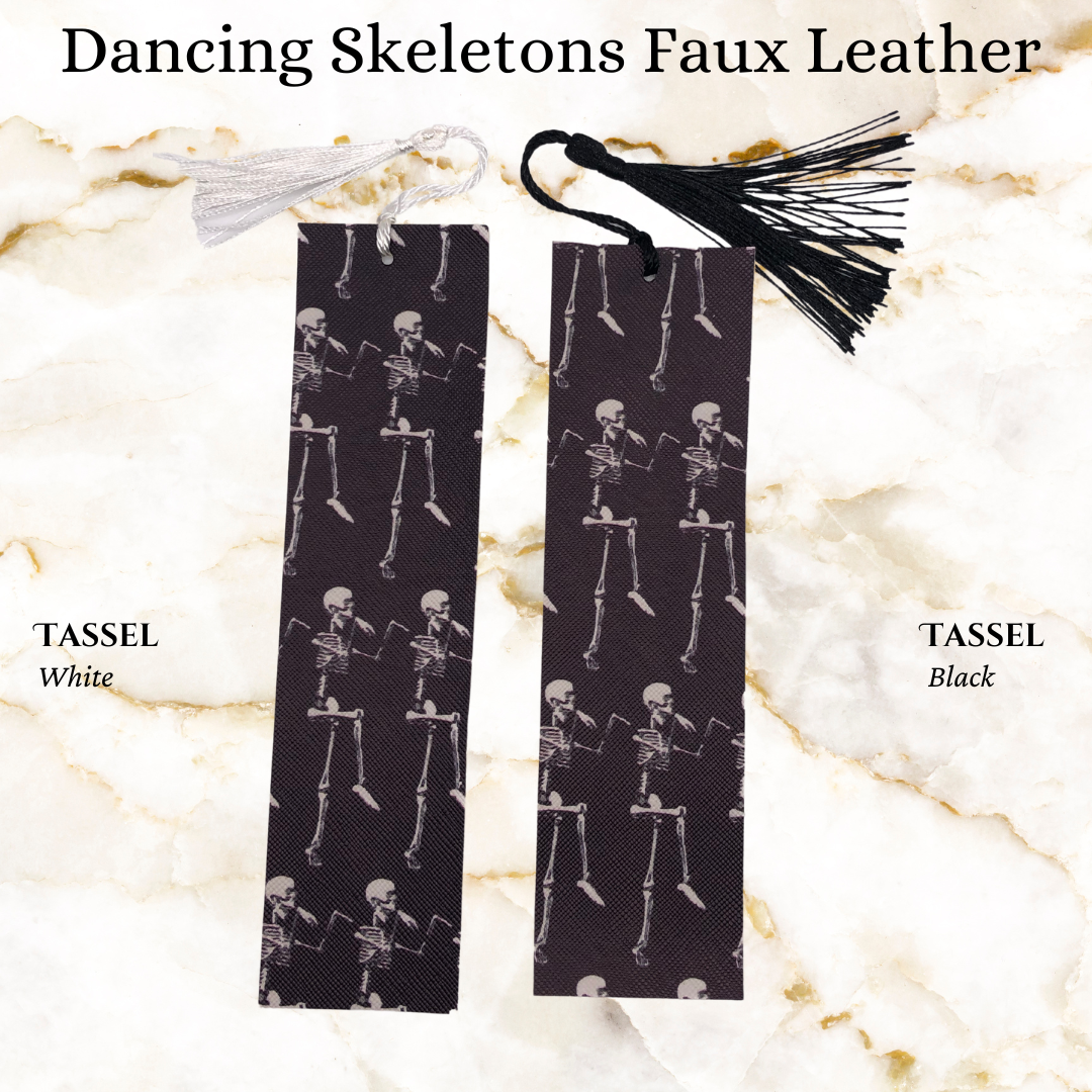 Dancing skeleton on black faux leather bookmark - 1 black tassel and 1 white tassel