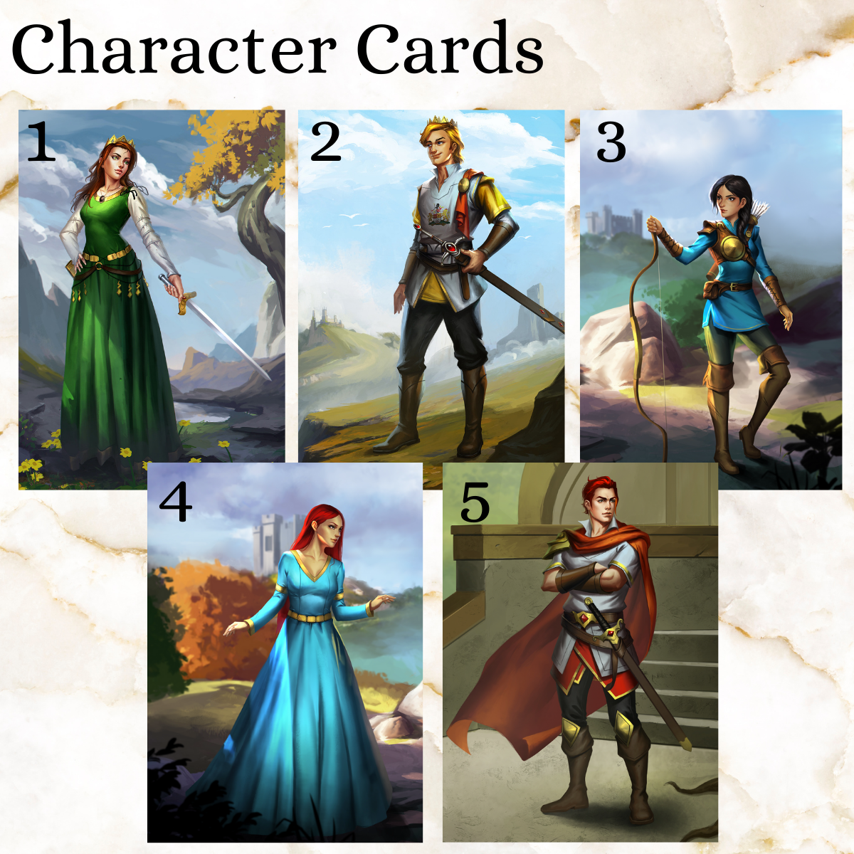 Character Art cards - 1 Princess Alex in a green dress, 2 Prince Aaron in his usual attire, 3 Edith Warren ladies maid in blue training tunic, 4 jessica lady of Datten in a blue dress, 5 Sir Stefan Alex's guard in Datten knight uniform