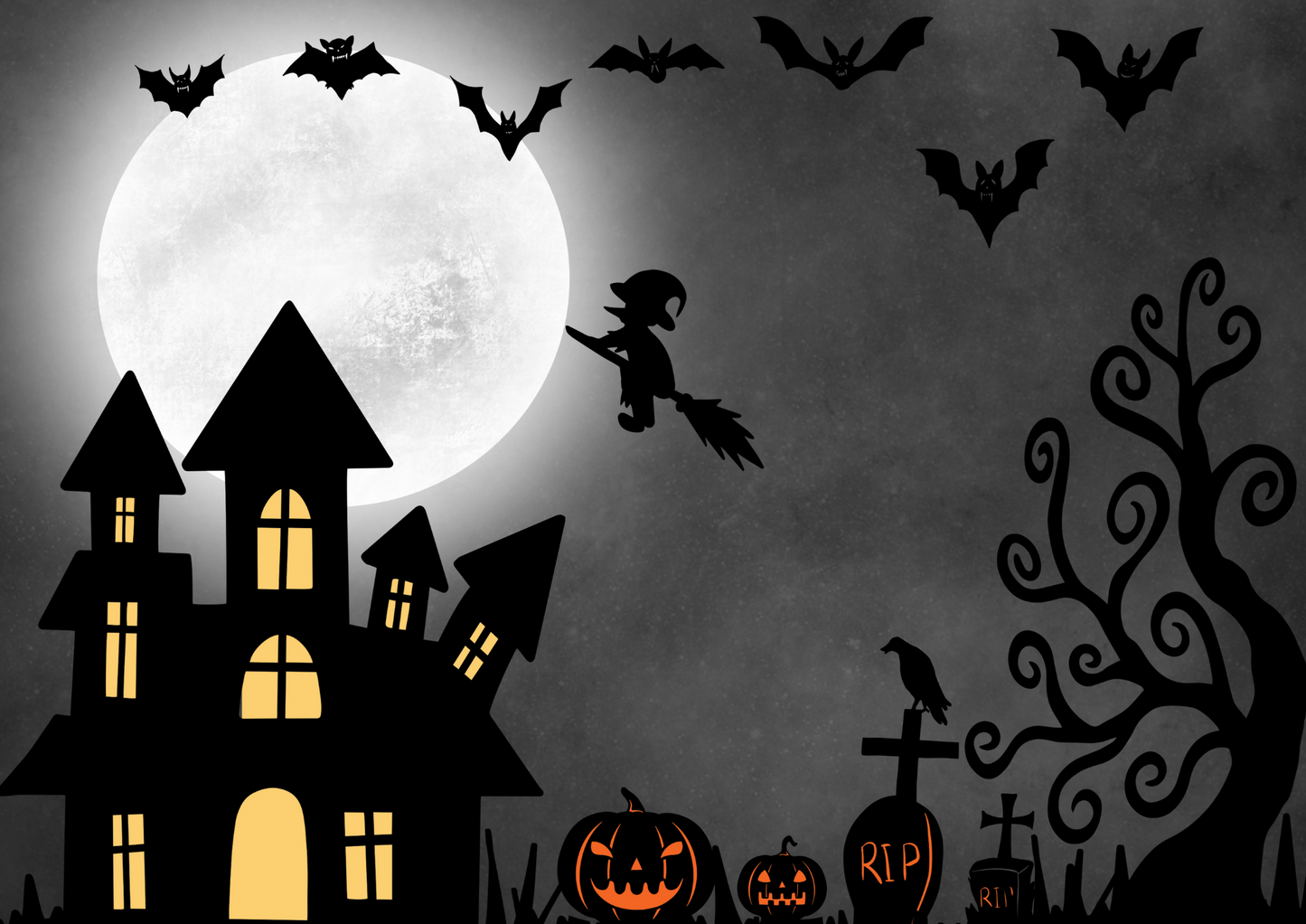 Image for tote - grey background  with witch and bats in air, haunted house and spooky tree, grave stones, and with jack-o-lanterns