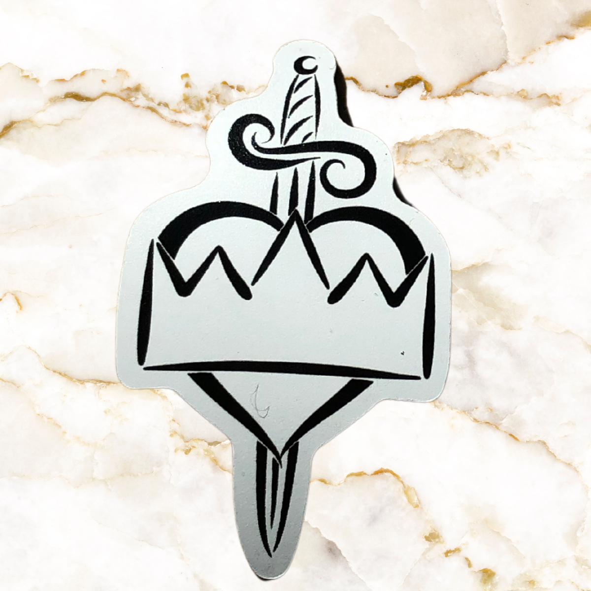 Book pin - The Head, the Heart, and the Heir logo - Sword with a heart on top and a crown on top of the heart - white with black outline