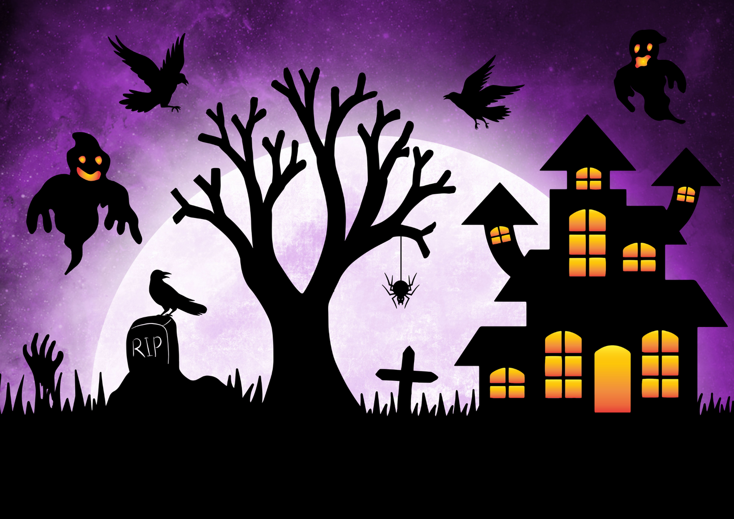Purple image - creepy tree with spider on it, ghosts and ravens in air, creepy black house with yellow windows, gravetone