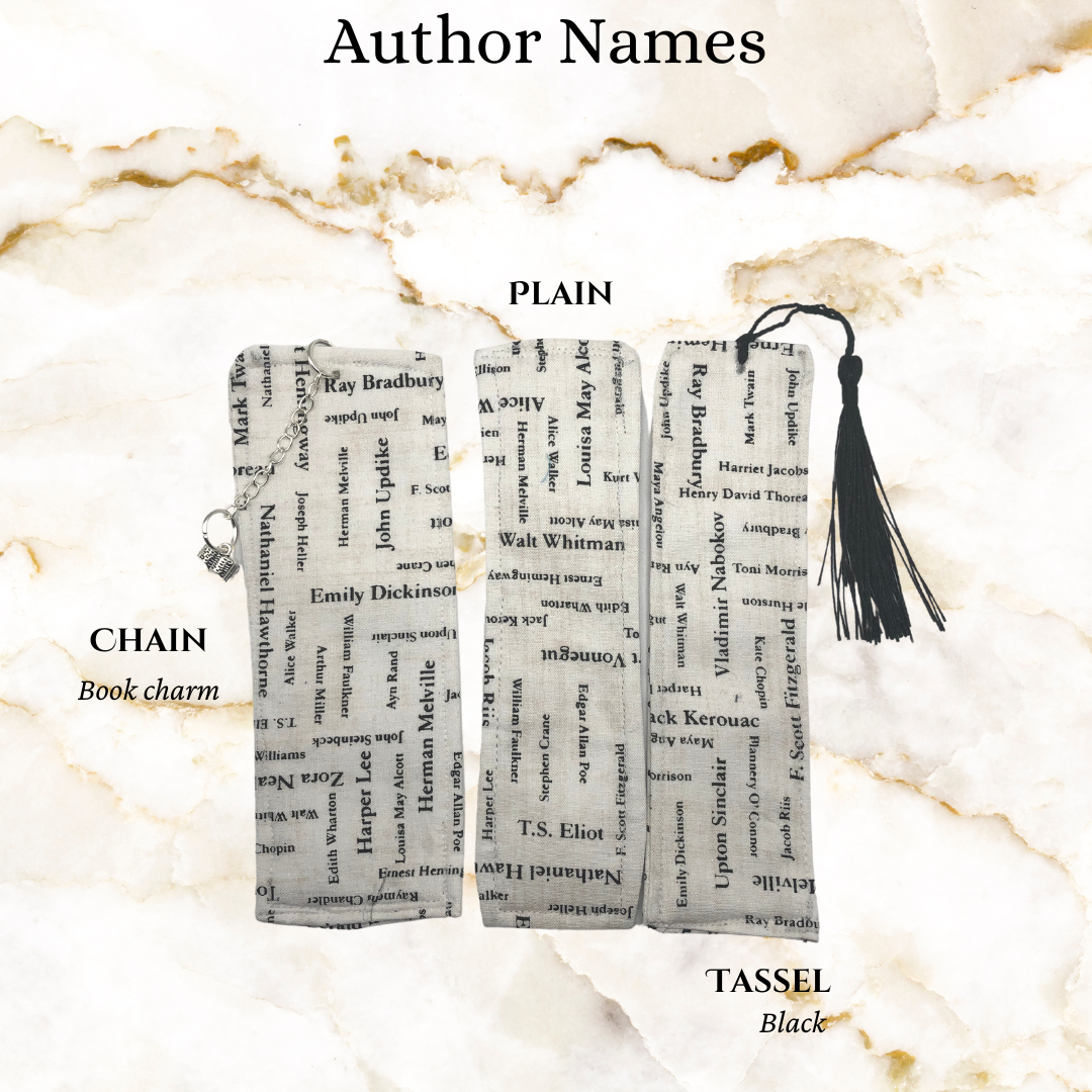 author names on white fabric book mark - 1 plain and 1 with a black tassel and 1 with book charm