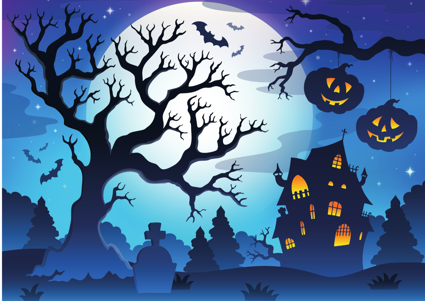Blue image - moon in background, creepy tree, creepy  house, jack-o-lanterns hanging from tree