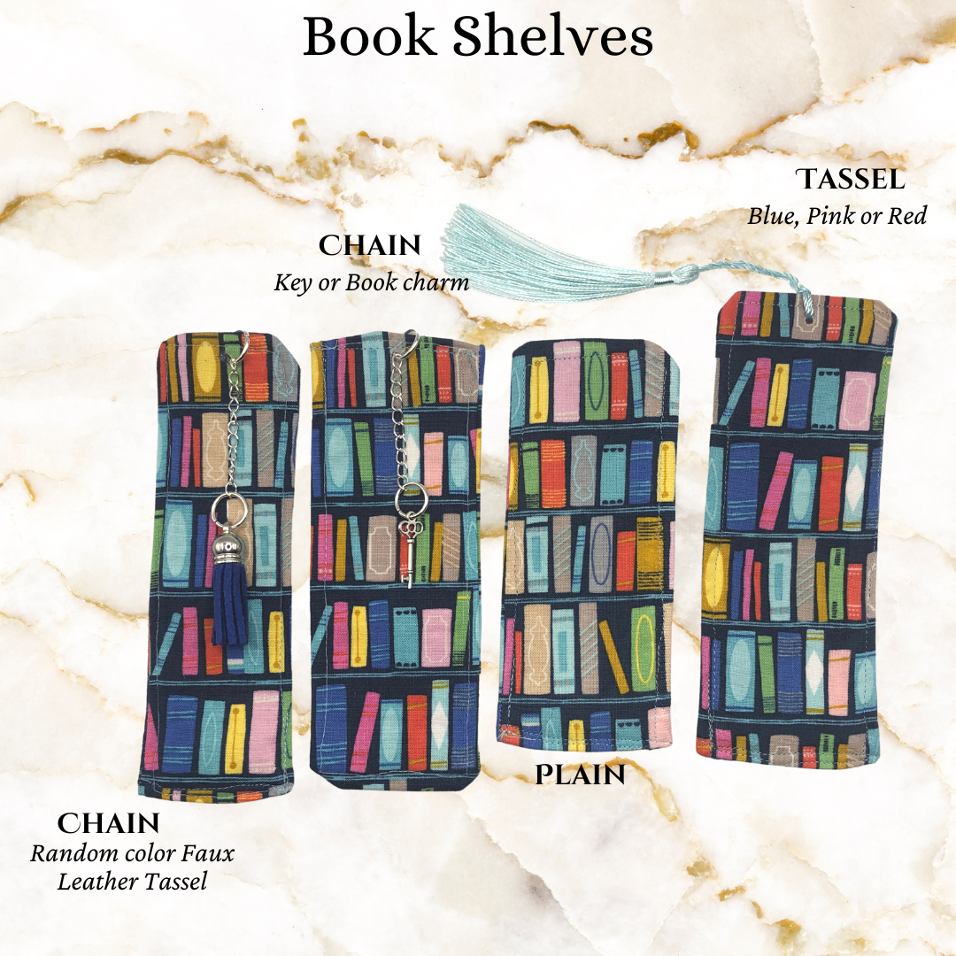 fabric bookshelves bookmark - 1 plain, 1 with pink/red/blue tassel, 1 with key or book charm, 1 with faux leather tassel chain