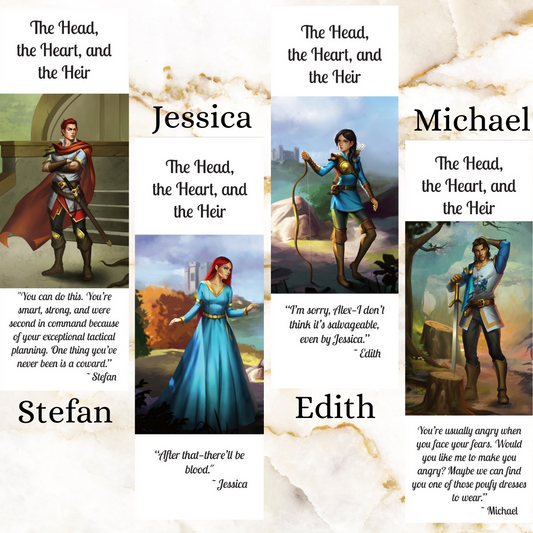 Images of Character bookmarks with quotes of each one - Stefan red haired knight, Jessica lady in blue draess, Edith maiden in archery outfit, Michael knight of Warren