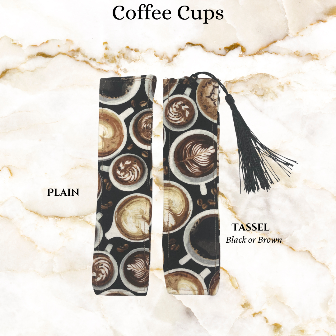 Coffee cup fabric book mark - 1 plain and 1 with a black or brown tassel -