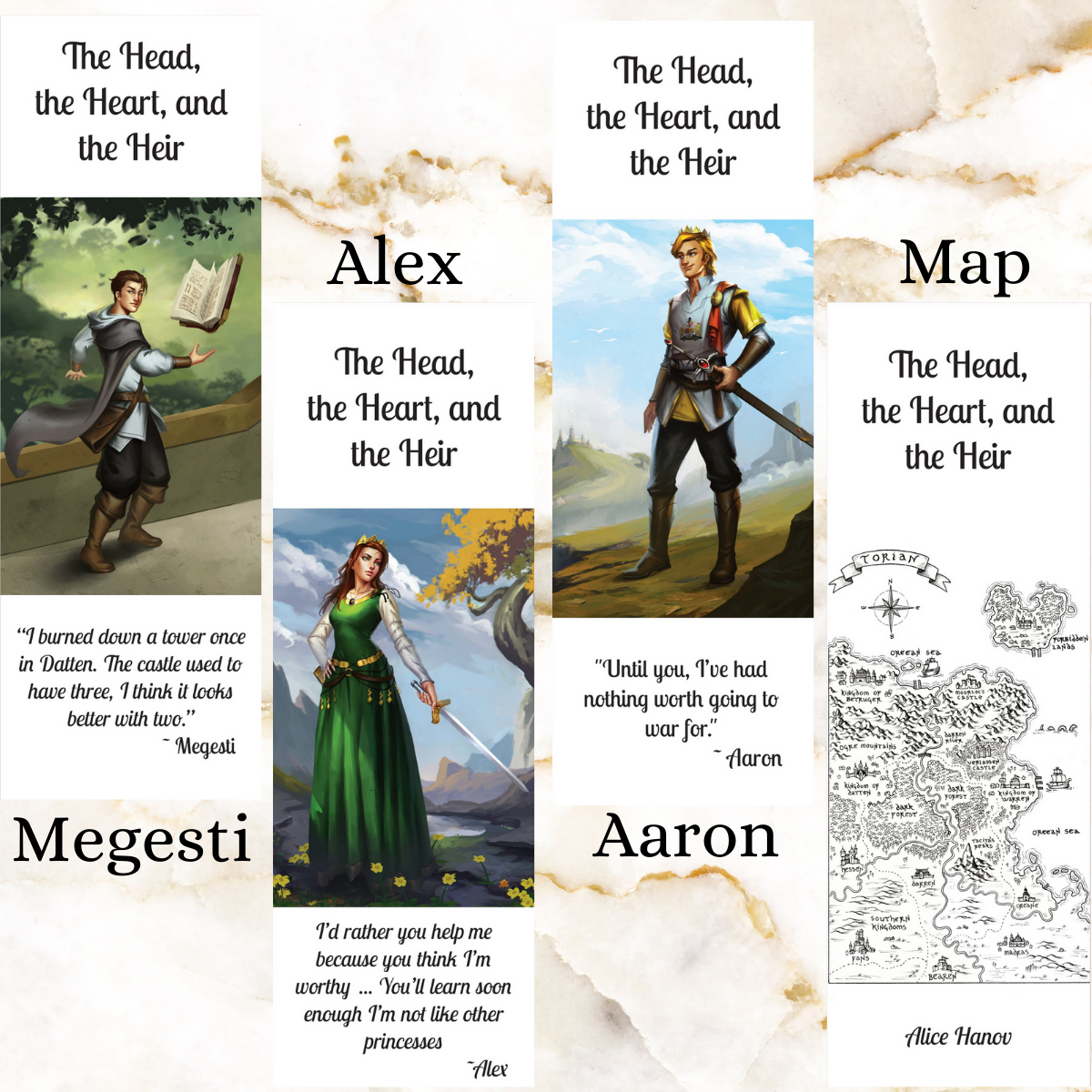 Art and examples of bookmarks - Megesti sorcerer with floating book, Alex Princess main character, Aaron prince in a princly pose, Map of the world of Torian