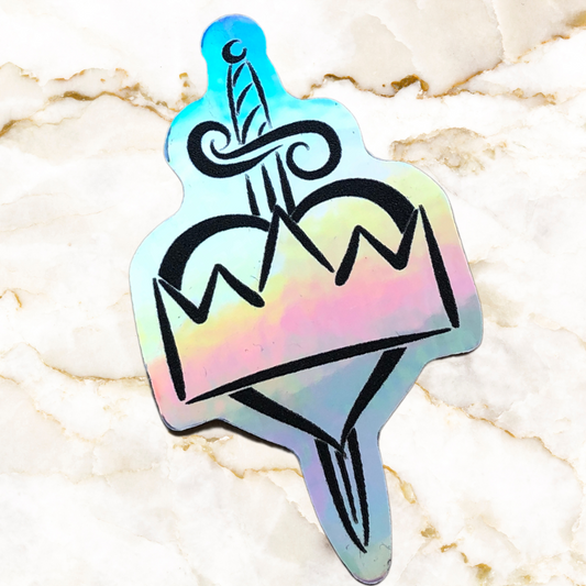 Book pin - The Head, the Heart, and the Heir logo - Sword with a heart on top and a crown on top of the heart - hollographic background with black outline