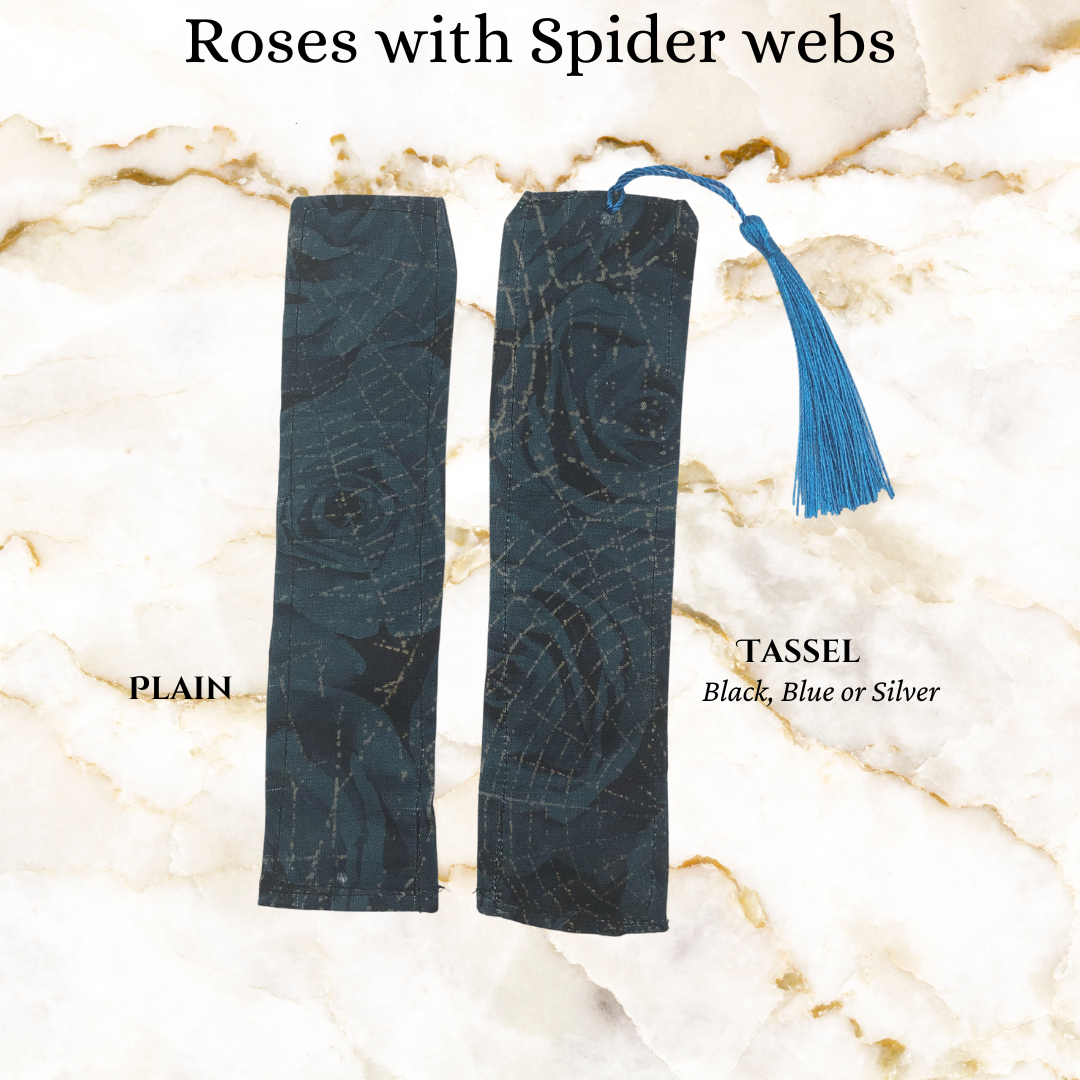 Blue roses with spider web fabric bookmark - 1 plain and 1 with black, silver or blue tassel