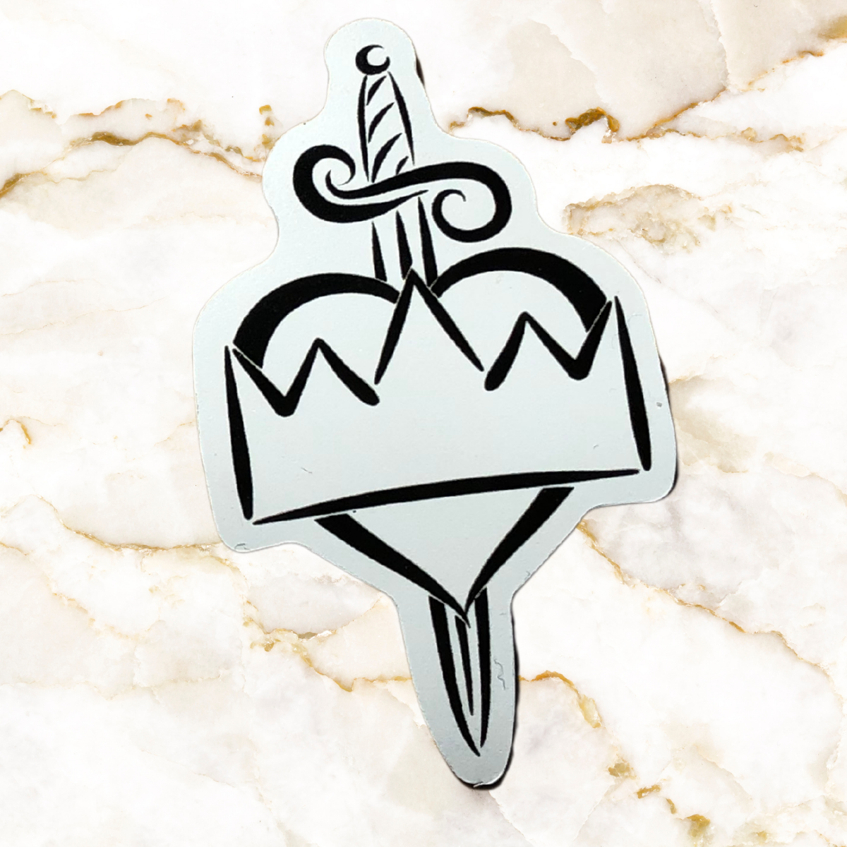 Book pin - The Head, the Heart, and the Heir logo - Sword with a heart on top and a crown on top of the heart - white with black outline