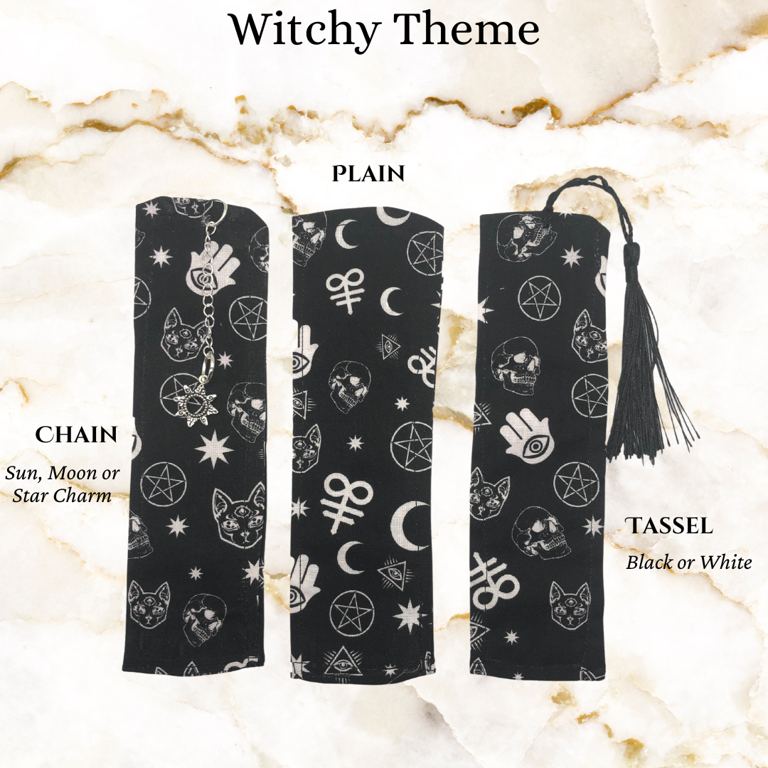 Black witchy theme faric bookmark - 1 plain, 1 tassel black or white, 1 chain with a star, moon or sun charm