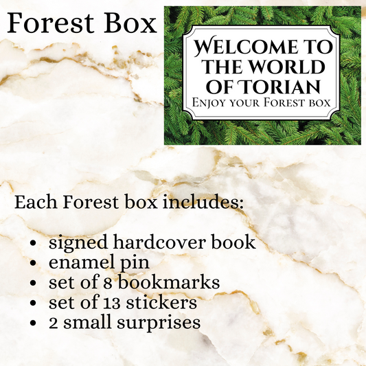 Image of Forst box - includes list of items in the box - signed hardcover book, enamal pin, set of 8 bookmarks, set of 13 stickers, 2 small surprises