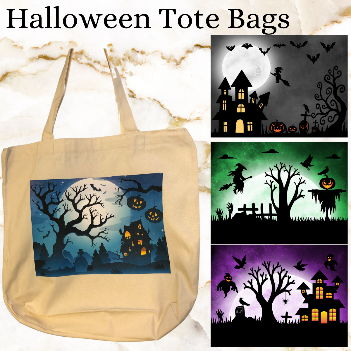 Tote bag with blue halloween image of creepy tree, jackolanters and hause with other option images on the side