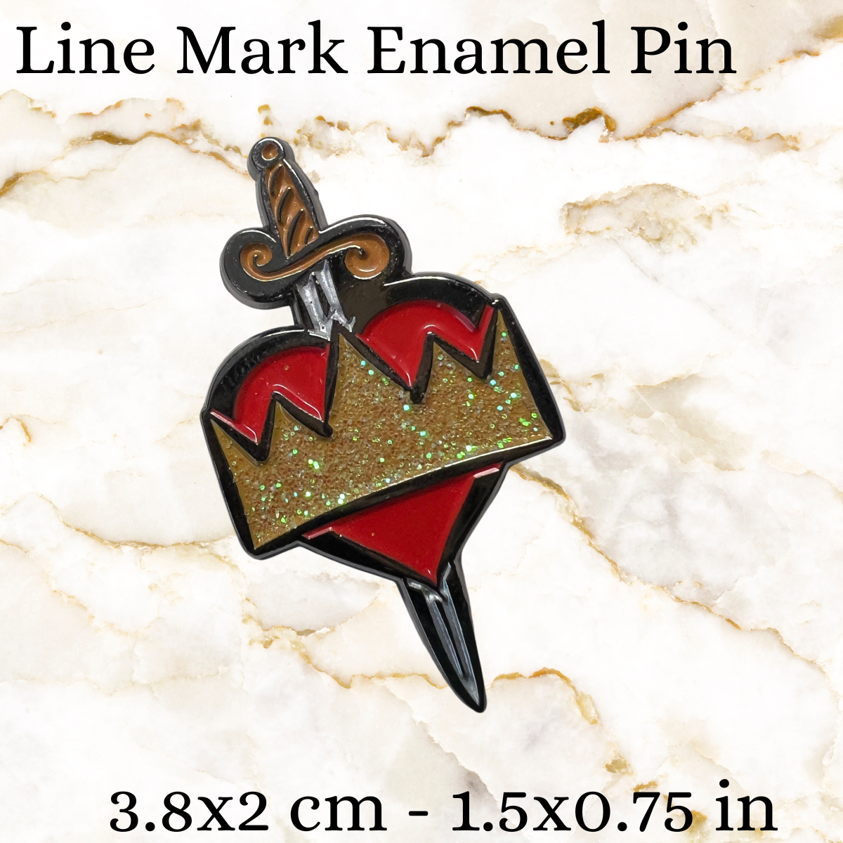 Book pin - The Head, the Heart, and the Heir logo - Gold glittery crown, in front of a red heart, in front of a silver sword, with a brown handle